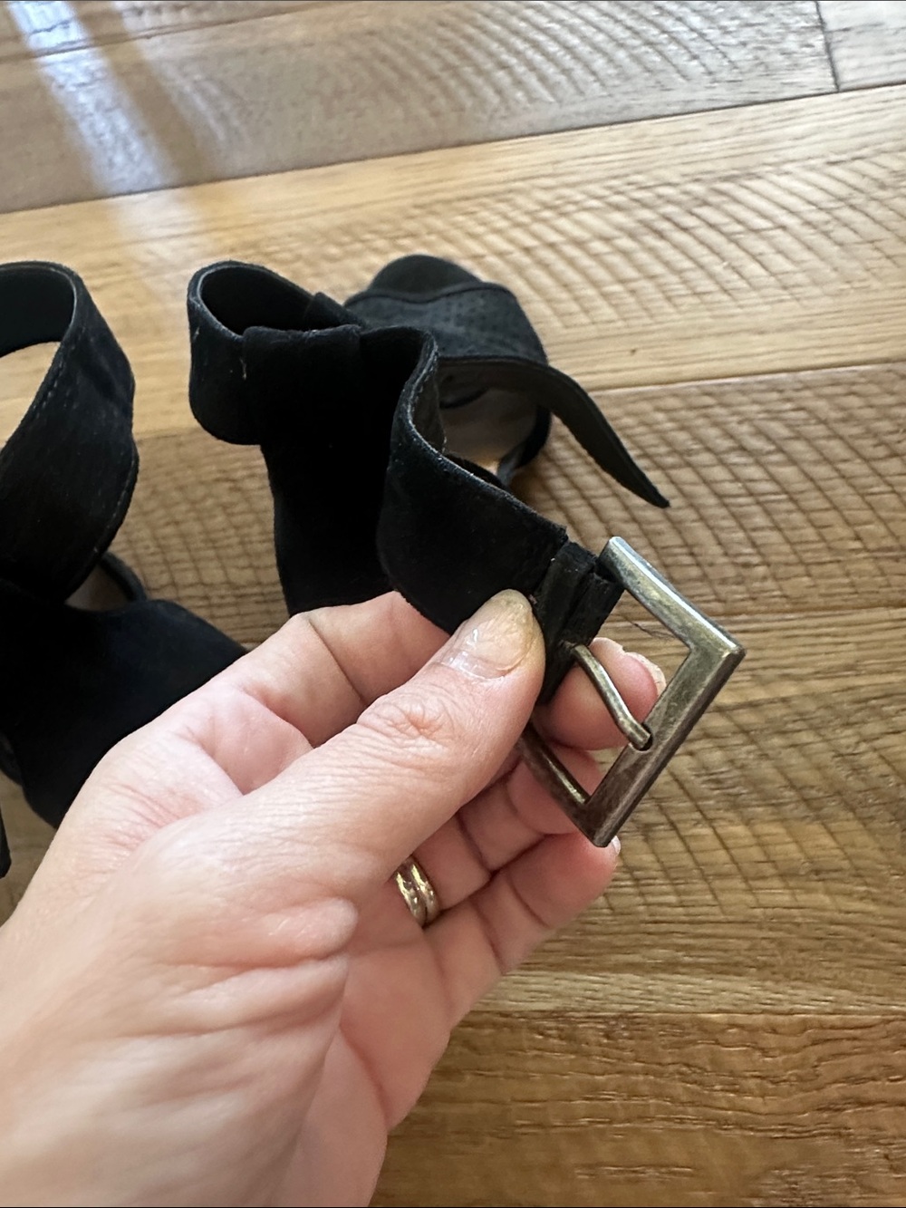 Black Suede Peep-Toe Block Heel Sandals with Ankle Strap! - Picture 10 of 10